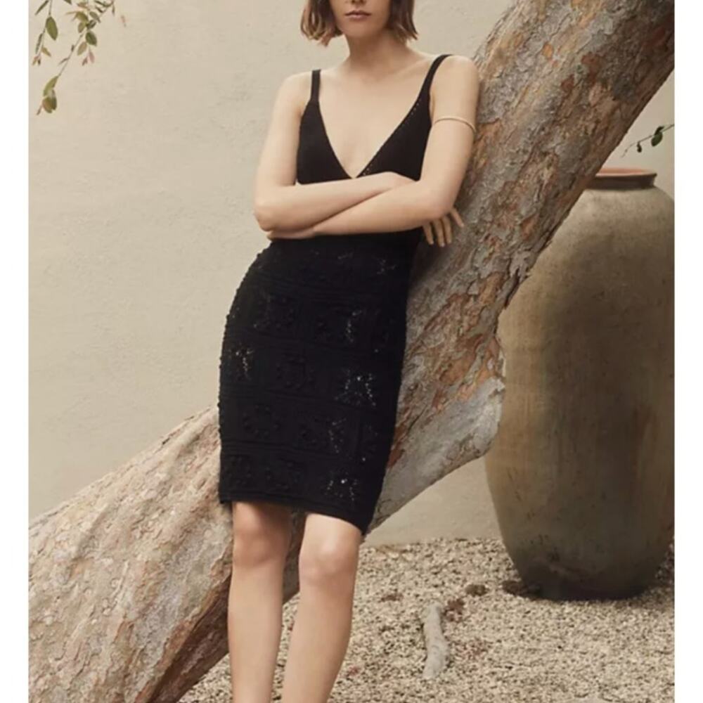 Anthropologie Black Crochet Mini Dress Black Sleeveless V-Neck Dress Medium